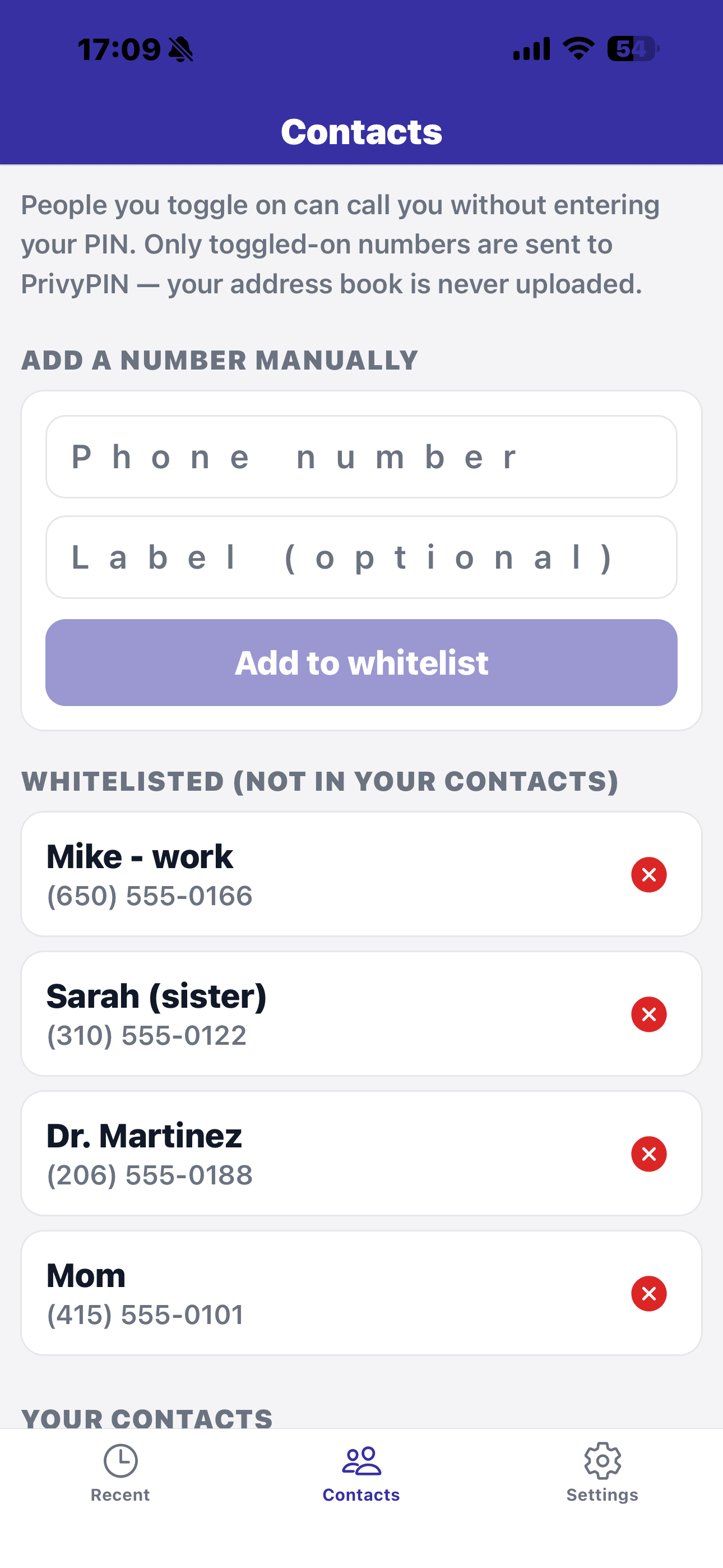 Contacts whitelist screen