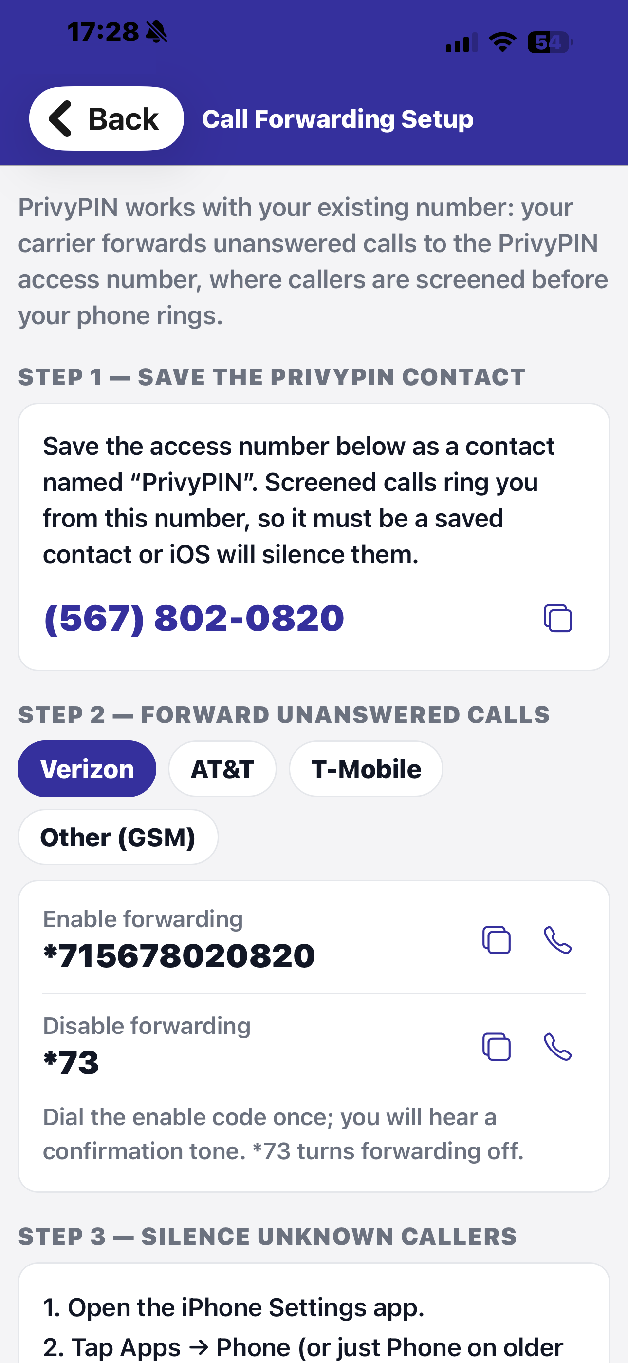 Carrier forwarding setup screen