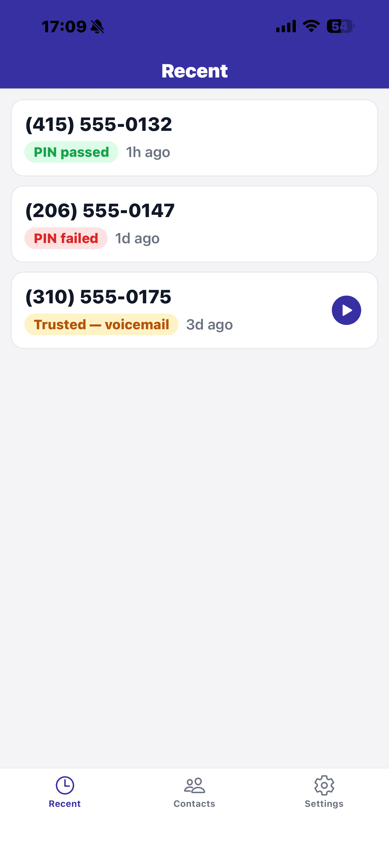 PrivyPIN Recent calls screen
