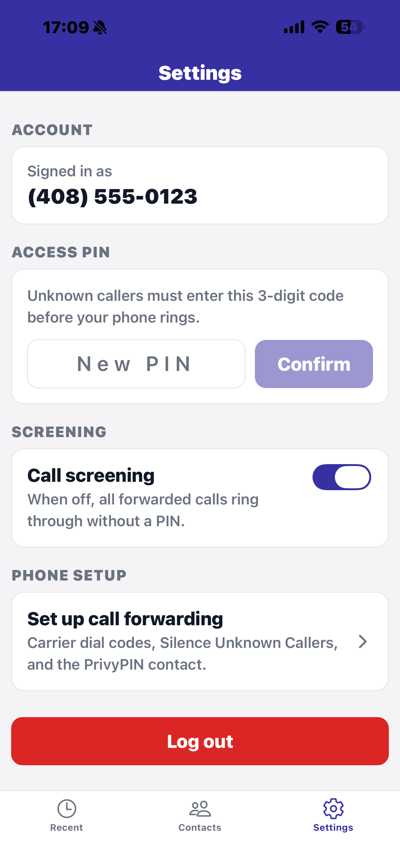 Settings screen